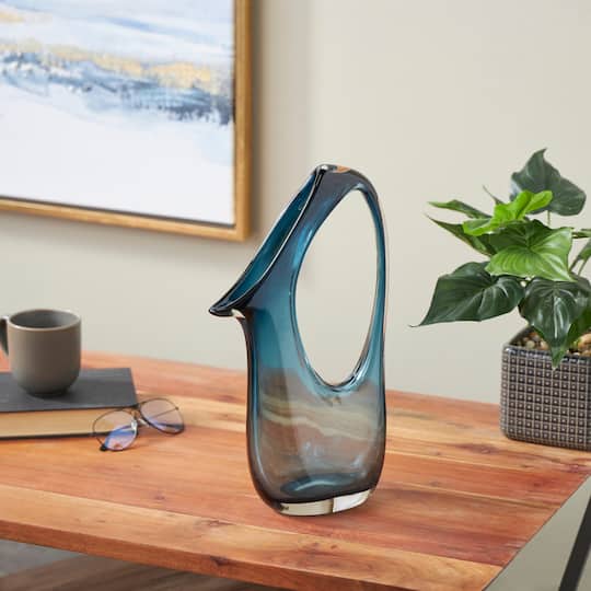 Blue Abstract Glass Vase with Cutout Handle & Elongated Opening